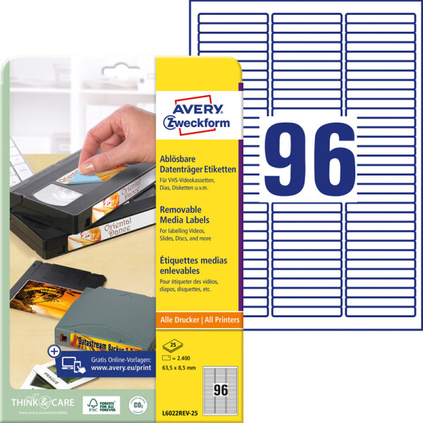 Datacartridgeetikett Avery Zweckform L6022REV-25 - A4 63,5 x 8,5 mm weiß ablösbar FSC Papier für alle Druckertypen Pckg/2400