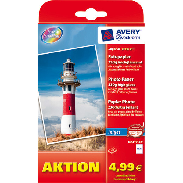 Fotopapier Avery Zweckform Superior Inkjet C2417 - A6 hochweiß für Inkjetdrucker hochglänzend 200 g/m² Pckg/40