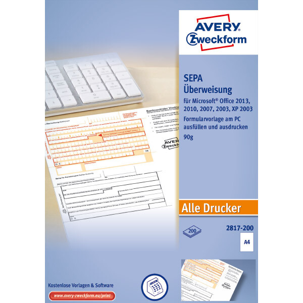 SEPA Überweisung Avery Zweckform 2817 - A4 210 x 297 mm weiß Papier Pckg/200