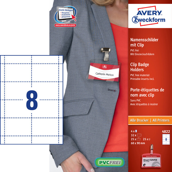 Namensschild Einsteckschild Avery Zweckform 4822 - 60 x 90 mm weiß mit Clip für Inkjet-, Laser-, Farblaserdrucker und Kopierer Pckg/57