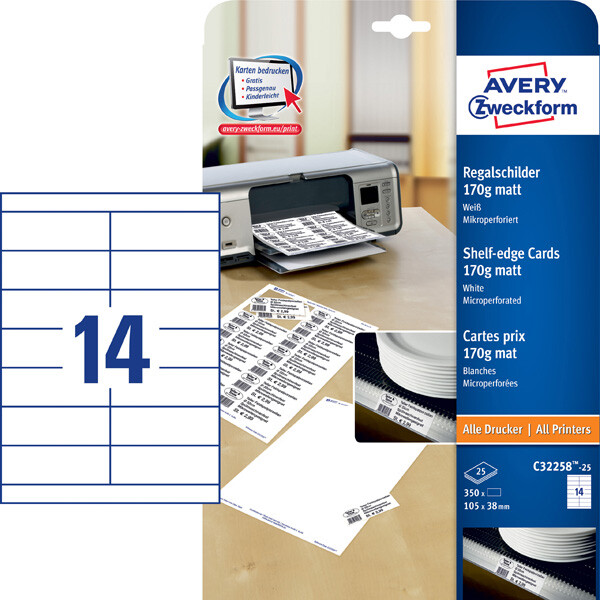 Regalschilder Avery Zweckform C32258 - 105 x 38 mm weiß mikroperforiert Premiumkarton 170 g/m² Pckg/350
