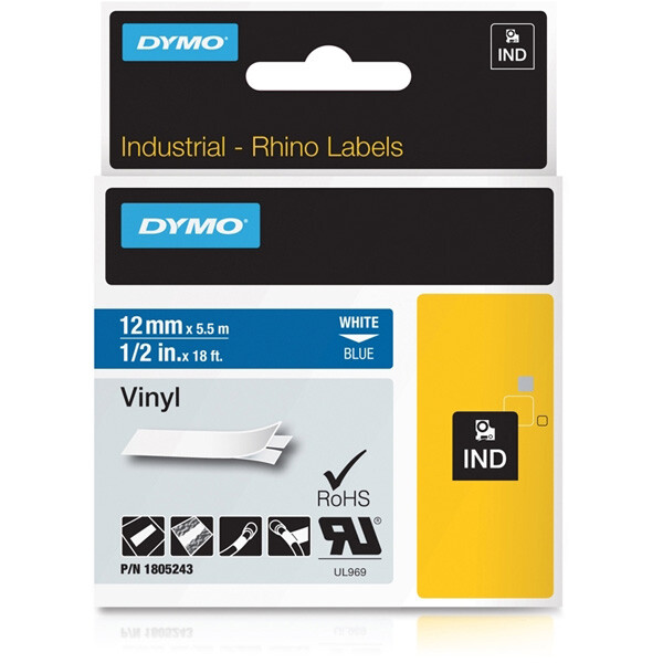 Schriftbandkassette Dymo 1805243 - 12 mm x 5,5 m Rhino IND-Band weiß auf blau selbstklebend Vinyl Endlos