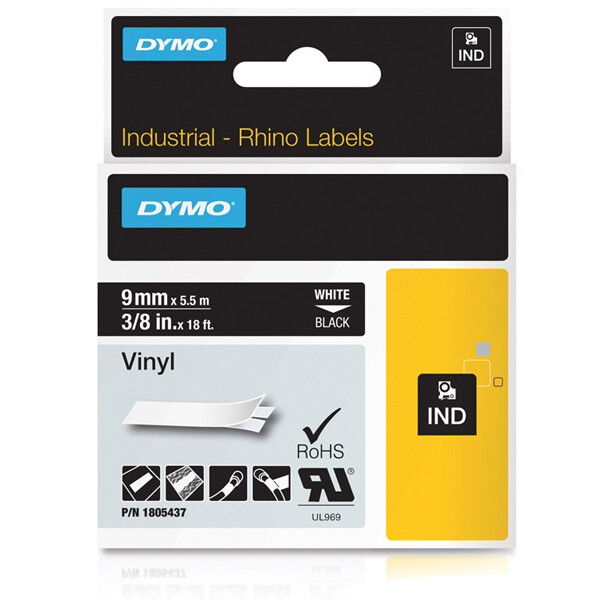 Schriftbandkassette Dymo 1805437 - 9 mm x 5,5 m Rhino IND-Band weiß auf schwarz selbstklebend Vinyl Endlos