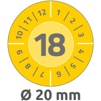 Prüfplaketten Avery Zweckform mit Jahreszahl 2018 6939 - auf Bogen 2018 Ø 20 mm gelb permanent wetterfest/widerstandsfähig Vinylfolie für Handbeschriftung Pckg/120