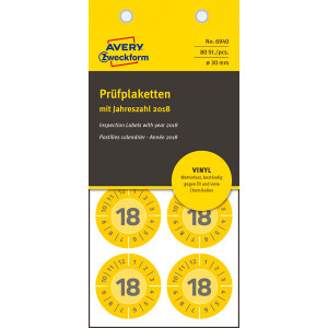 Prüfplaketten Avery Zweckform mit Jahreszahl 2018 6940 - auf Bogen 2018 Ø 30 mm gelb permanent wetterfest/widerstandsfähig Vinylfolie für Handbeschriftung Pckg/80