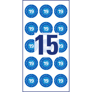 Prüfplaketten Avery Zweckform mit Jahreszahl 2019 6943 - auf Bogen 2019 Ø 20 mm blau permanent wetterfest/widerstandsfähig Vinylfolie für Handbeschriftung Pckg/120