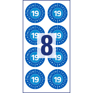 Prüfplaketten Avery Zweckform mit Jahreszahl 2019 6946 - auf Bogen 2019 Ø 30 mm blau permanent manipulationssicher Folie für Handbeschriftung Pckg/80