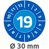 Prüfplaketten Avery Zweckform mit Jahreszahl 2019 6946 - auf Bogen 2019 Ø 30 mm blau permanent manipulationssicher Folie für Handbeschriftung Pckg/80