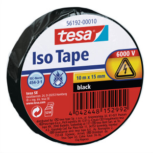 Isolierband tesa 56192 - 15 mm x 10 m schwarz PVC-Band f&uuml;r Privat/Endverbraucher-Anwendungen