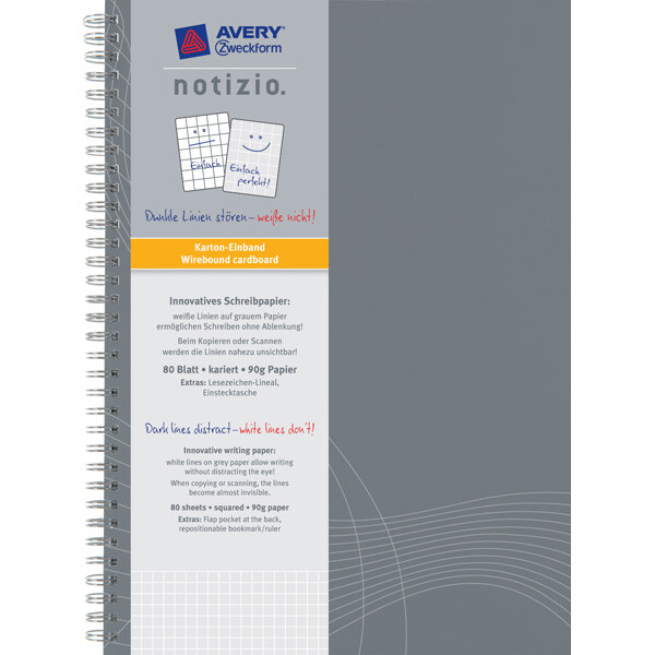 Notizbuch Avery Zweckform Notizio 7013 - A4 210 x 297 mm hellgrau kariert 80 Blatt Karton-Einband 90 g/m²
