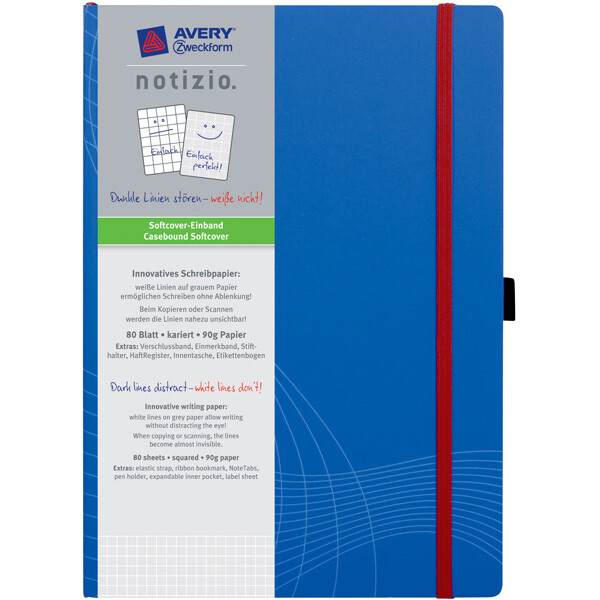 Notizbuch Avery Zweckform Notizio 7045 - A4 210 x 297 mm blau kariert 80 Blatt Softcover-Einband 90 g/m²