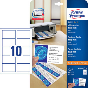 Visitenkarten Avery Zweckform Classickarton C32025 - 85 x 54 mm wei&szlig; universelle Anwendung matt microperforiert beidseitig 185 g/m&sup2; Pckg/250