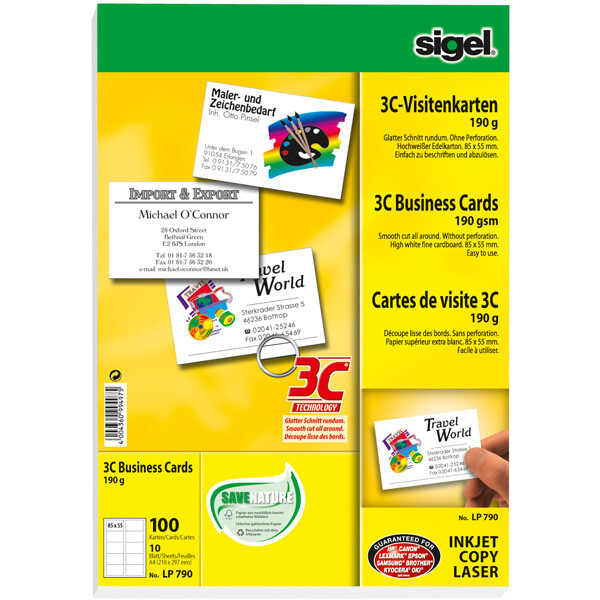 Visitenkarte sigel Edelkarton LP790 - 85 x 55 mm weiß universelle Anwendung satiniert glatte Kanten 190 g/m² Pckg/100