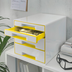 Schubladenbox Leitz WOW CUBE 5213 - A4 270 x 287 x 363 mm perlweiß/gelb 4 Schubladen Polystyrol