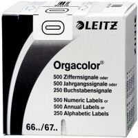 Ziffernsignal Leitz Orgacolor 6600 - 30 x 23 mm weiß Aufdruck 0 selbstklebend Pckg/500