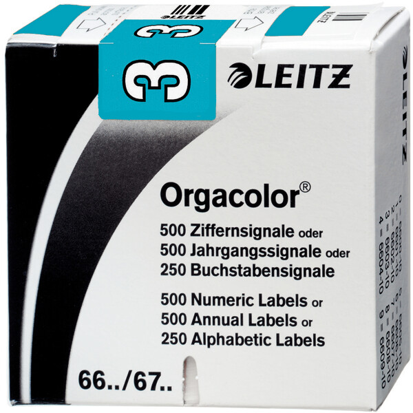 Ziffernsignal Leitz Orgacolor 6603 - 30 x 23 mm hellblau Aufdruck 3 selbstklebend Pckg/500