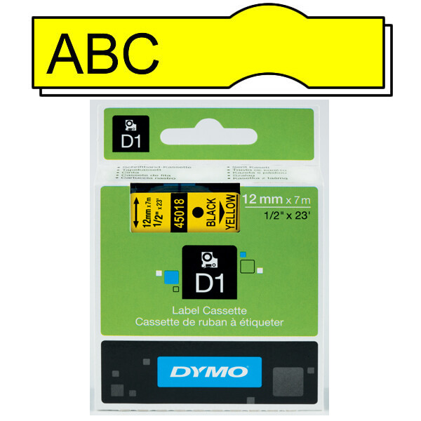 Schriftbandkassette Dymo 45018 - 12 mm x 7 m D1-Band schwarz auf gelb selbstklebend Polyester Endlos