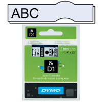 Schriftbandkassette Dymo 43610 - 6 mm x 7 m D1-Band schwarz auf transparent selbstklebend Polyester Endlos