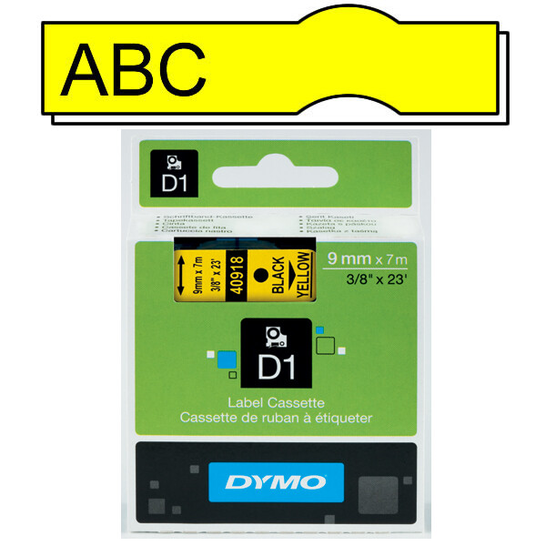Schriftbandkassette Dymo 40918 - 9 mm x 7 m D1-Band schwarz auf gelb selbstklebend Polyester Endlos