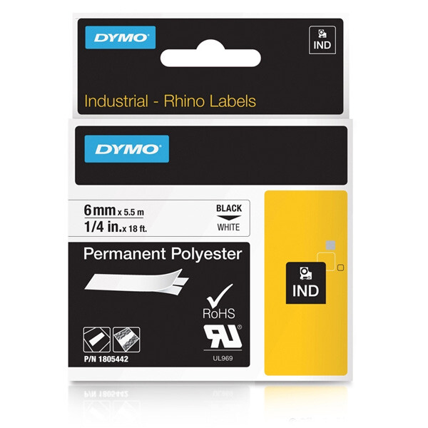 Schriftbandkassette Dymo 1805442 - 6 mm x 5,5 m Rhino ID1-Band schwarz auf weiß selbstklebend Polyester Endlos