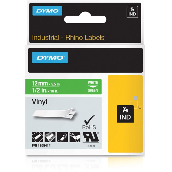 Schriftbandkassette Dymo 1805414 - 12 mm x 5,5 m Rhino IND-Band weiß auf grün selbstklebend Vinyl Endlos