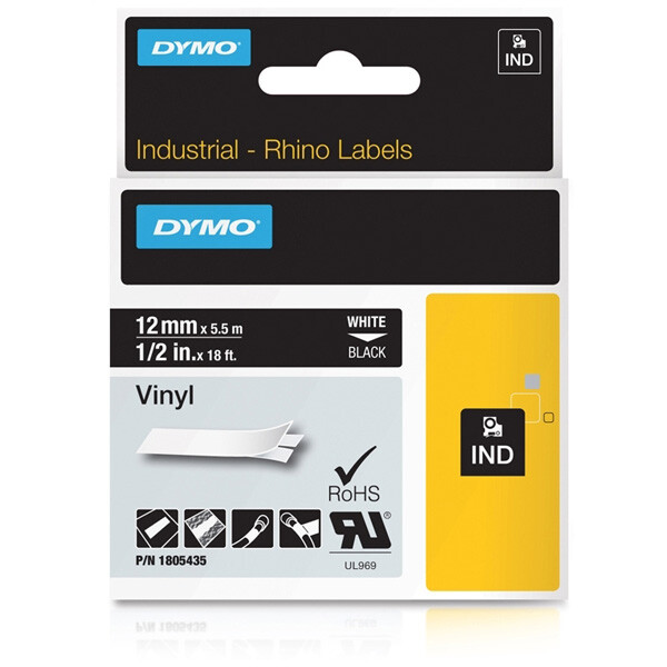 Schriftbandkassette Dymo 1805435 - 12 mm x 5,5 m Rhino IND-Band weiß auf schwarz selbstklebend Vinyl Endlos