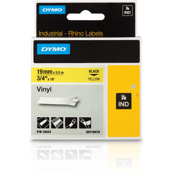 Schriftbandkassette Dymo 18433 - 19 mm x 5,5 m Rhino ID1-Band schwarz auf gelb selbstklebend Vinyl Endlos