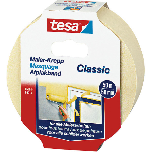 Abdeckband tesa Malerkrepp Classic 5284 - 50 mm x 50 m beige Kreppband für Privat/Endverbraucher-Anwendungen