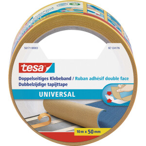 Verlegedoppelband tesa Universal 56171 - 50 mm x 10 m farblos Befestigungsklebeband für Privat/Endverbraucher-Anwendungen