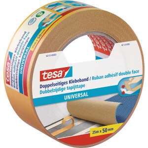 Verlegedoppelband tesa Universal 56172 - 50 mm x 25 m farblos Befestigungsklebeband für Privat/Endverbraucher-Anwendungen