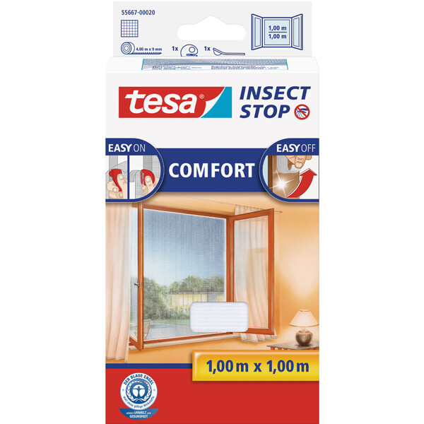 Fliegengitter Fenster tesa Insect Stop Comfort 55667 - 100 x 100 cm weiß Easy-on-System inkl. Andrück- und Schneidehilfe