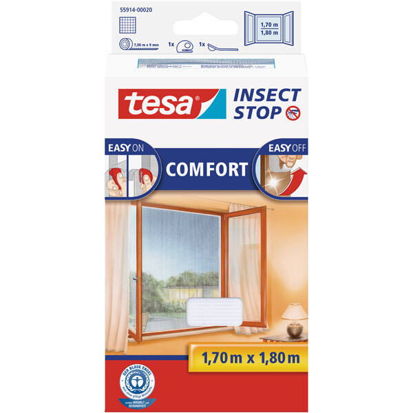 Fliegengitter Fenster tesa Insect Stop Comfort 55914 - 170 x 180 cm weiß Easy-on-System inkl. Andrück- und Schneidehilfe