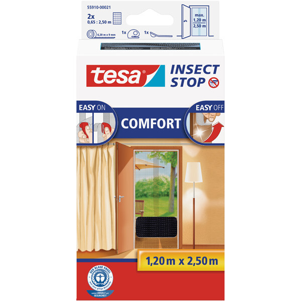 Fliegengitter Tür tesa Insect Stop Comfort XL 55910 - 65 x 250 cm anthrazit Easy-on-Systems inkl. Andrück- und Schneidehilfe