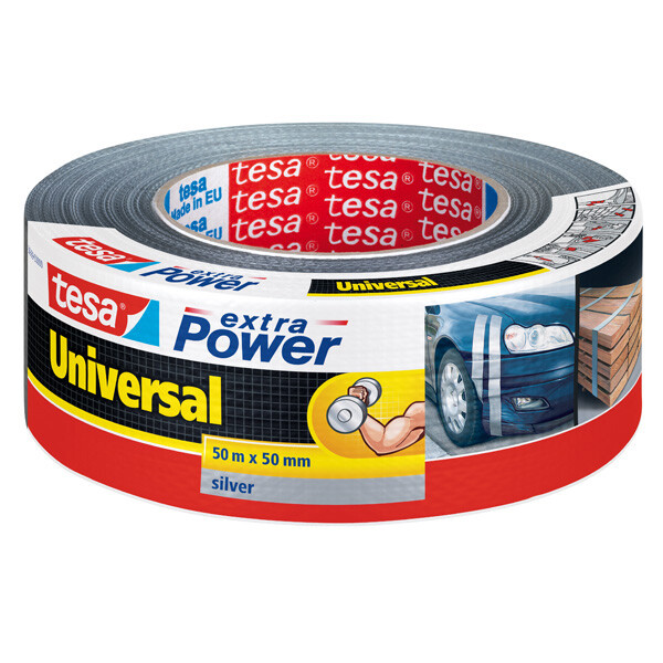 Reparaturband tesa Extra Power Universal 56389 - 50 mm x 50 m silber Folienband gewebeverstärkt für Privat/Endverbraucher-Anwendungen
