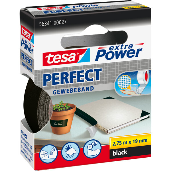 Reparaturband tesa Extra Power Perfect 56341 - 19 mm x 2,75 m schwarz Gewebeklebeband für Privat/Endverbraucher-Anwendungen