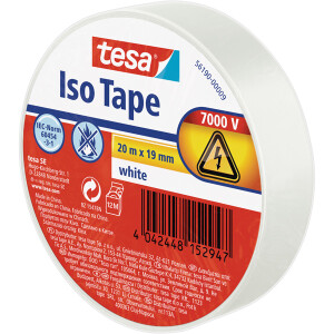 Isolierband tesa 56190 - 19 mm x 20 m weiß PVC-Band für Privat/Endverbraucher-Anwendungen