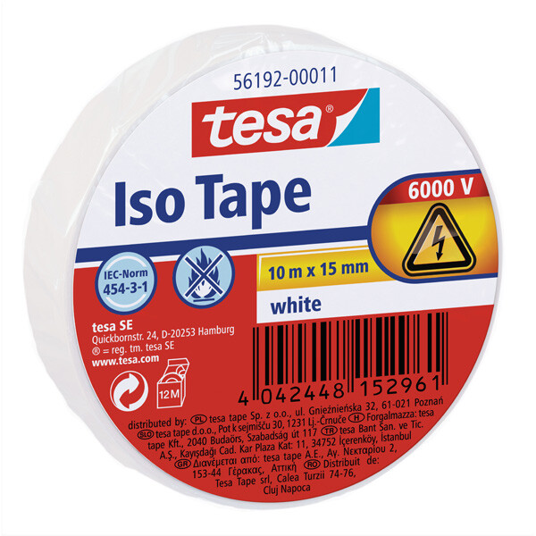 Isolierband tesa 56192 - 15 mm x 10 m weiß PVC-Band für Privat/Endverbraucher-Anwendungen
