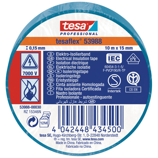 Isolierband tesa tesaflex 53988 - 15 mm x 10 m blau PVC-Band für Privat/Endverbraucher-Anwendungen