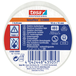 Isolierband tesa tesaflex 53988 - 15 mm x 10 m weiß PVC-Band für Privat/Endverbraucher-Anwendungen