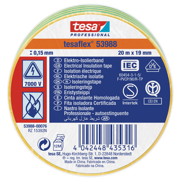 Isolierband tesa tesaflex 53988 - 19 mm x 20 m gelb/grün PVC-Band für Privat/Endverbraucher-Anwendungen