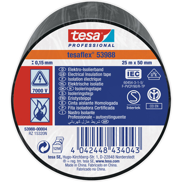 Isolierband tesa tesaflex 53988 - 50 mm x 25 m schwarz PVC-Band für Privat/Endverbraucher-Anwendungen