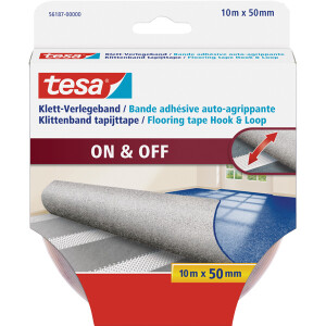 Verlegeklettband tesa ON & OFF 56187 - 50 mm x 10 m weiß Bodenbelagband für Privat/Endverbraucher-Anwendungen