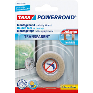 Montageband tesa Powerbond 55743 - 19 mm x 1,5 m Halt bis zu 2 kg/10 cm für transparente Oberflächen Innenbereich