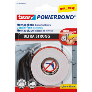 Montageband tesa Powerbond 55791 - 19 mm x 1,5 m Halt bis zu 10 kg/10 cm ultrastark klebend für Innenbereich
