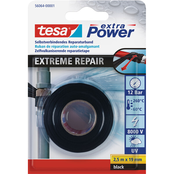 Reparaturband tesa Extra Power Extreme 56064 - 19 mm x 2,5 m schwarz Abdichtband selbstverschweißend für Privat/Endverbraucher-Anwendungen