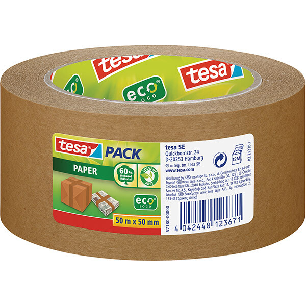 Verpackungsklebeband tesa tesapack Paper EcoLogo 57180 - 50 mm x 50 m braun Papier-Band für Privat/Endverbraucher-Anwendungen