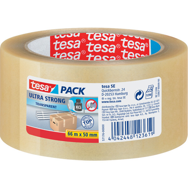 Verpackungsklebeband tesa tesapack Ultra Strong 57176 - 50 mm x 66 m transparent PVC-Band für Privat/Endverbraucher-Anwendungen