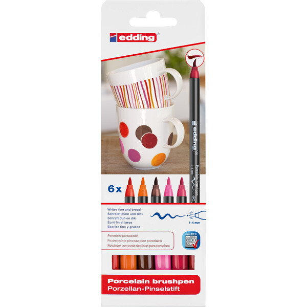 Porzellanpinselstift edding 4200 - farbig sortiert warm 1-4 mm Pinselspitze 6er-Set