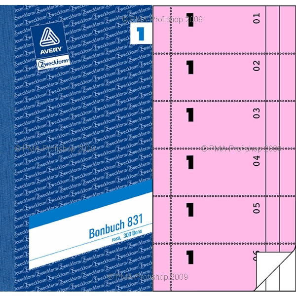 Bonbuch Avery Zweckform 831 - 105 x 198 mm rosa 2 x 50 Blatt 300 Bons Pckg/5
