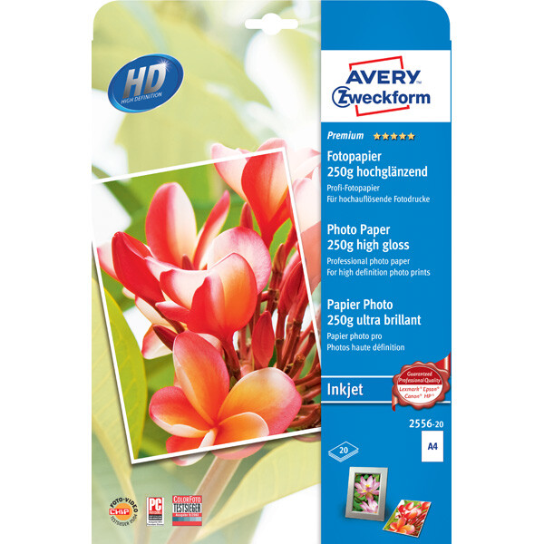 Fotopapier Avery Zweckform Premium Inkjet 2556-20 - A4 210 x 297 mm hochweiß für Inkjetdrucker hochglänzend 250 g/m² Pckg/20
